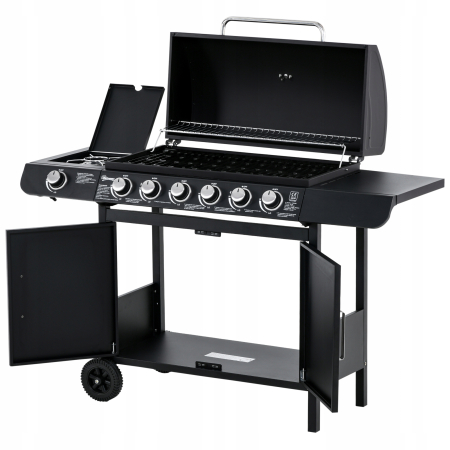Grill gazowy na wózku, czarny metal - 7 palników