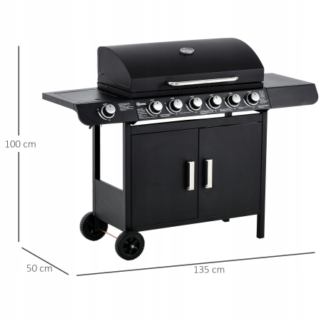 Grill gazowy na wózku, czarny metal - 7 palników