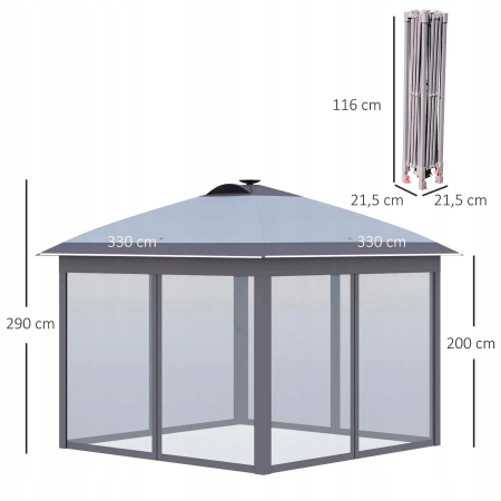 Pawilon 3,3 x 3,3 z oświetleniem LED, siatkową zasłonami, torbą, Szary