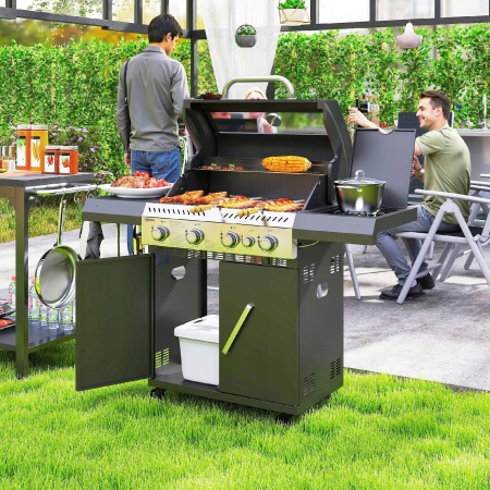 Grill gazowy 12 KW na wózku z 5 palnikami i palnikiem bocznym - na kółkach
