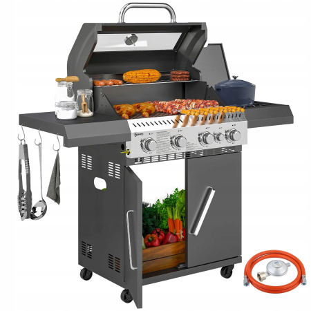 Grill gazowy 12 KW na wózku z 5 palnikami i palnikiem bocznym - na kółkach
