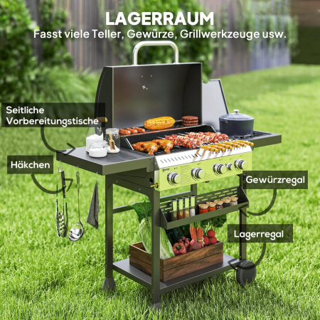 Grill Gazowy BBQ, 4 Główne Palniki, 1 Boczny, Płyta Do Podgrzewania - 12 kW