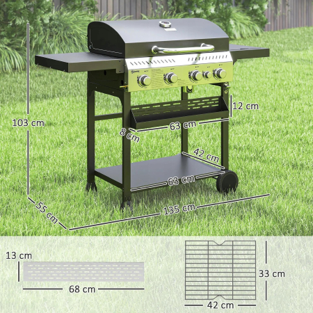 Grill Gazowy BBQ, 4 Główne Palniki, 1 Boczny, Płyta Do Podgrzewania - 12 kW