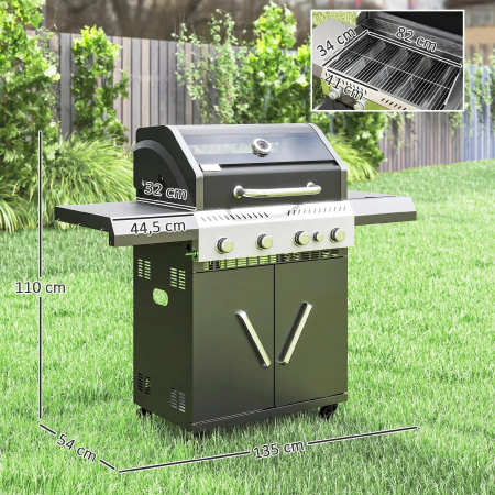 Grill gazowy 12 KW na wózku z 5 palnikami i palnikiem bocznym - na kółkach