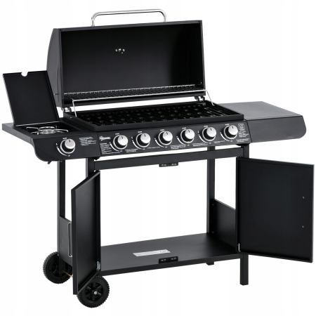 Grill gazowy na wózku, czarny metal - 7 palników