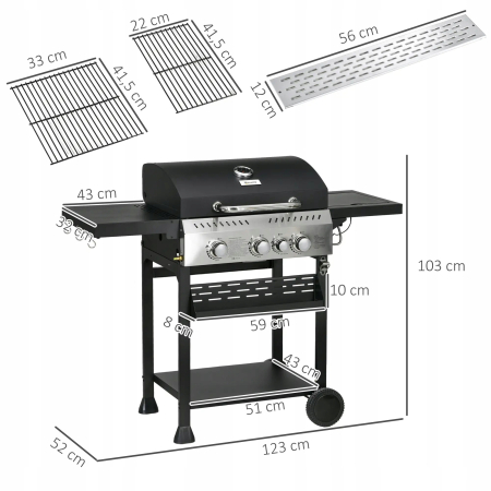 Grill Gazowy BBQ-Grill - Palniki 4 główne + 1 boczny