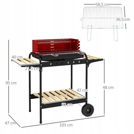 Grill węglowy BBQ Smoker z kołami, regulowany ruszt - CZERWONO-CZARNY
