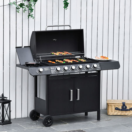 Grill gazowy na wózku, czarny metal - 7 palników